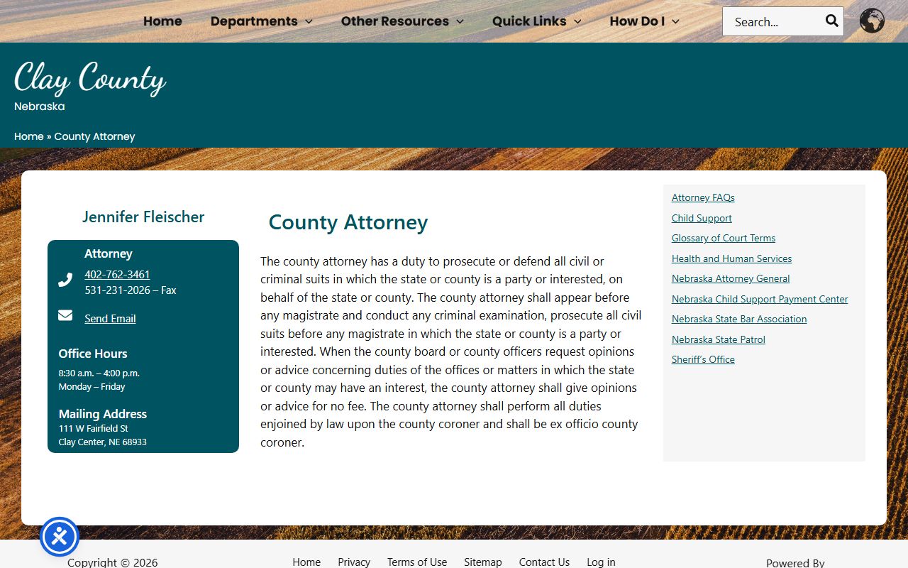 Clay County Attorney page with Jennifer Fleischer contact and prosecutor duty summary