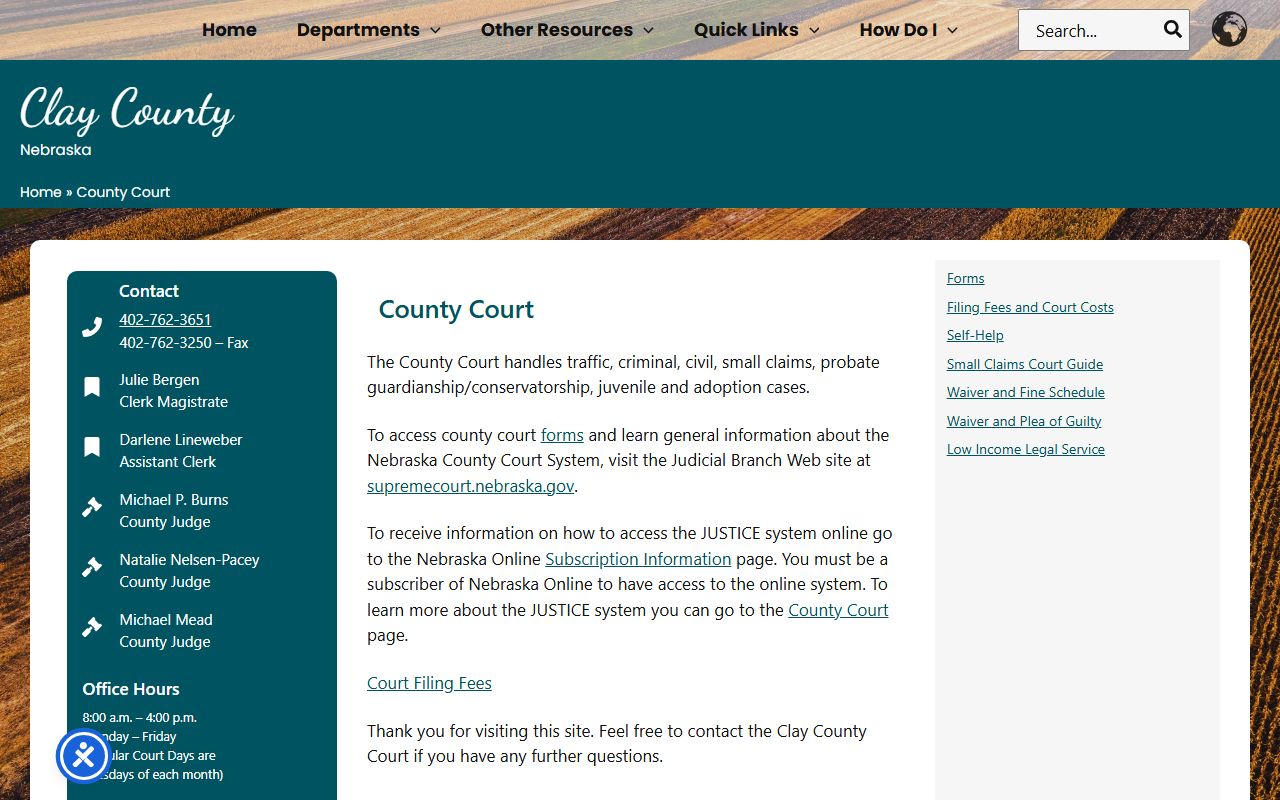 Clay County Court page with local court contact information and JUSTICE references