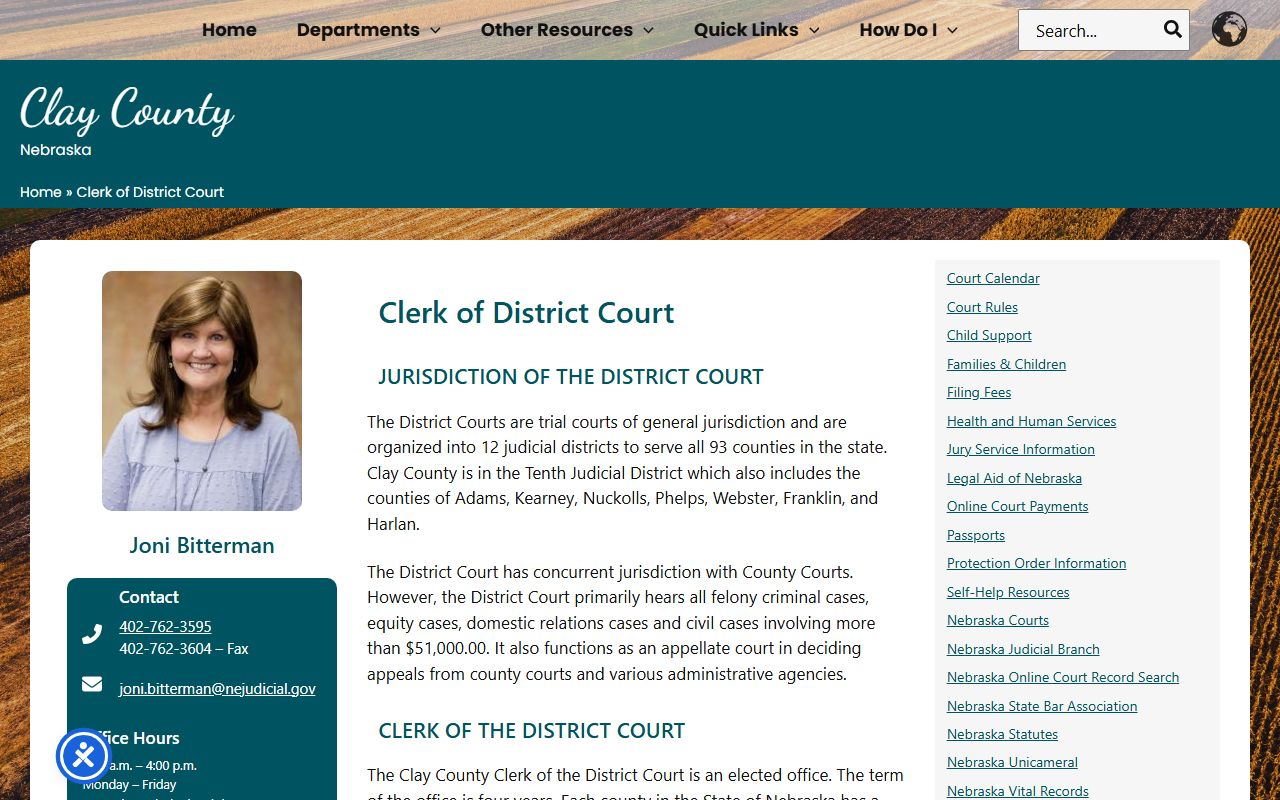 Clay County Clerk of District Court page showing felony jurisdiction and records duties