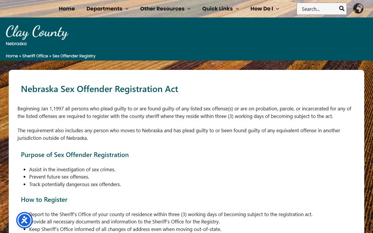 Clay County sheriff sex offender registration page explaining local registration and State Patrol registry link