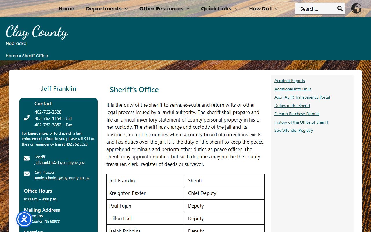 Clay County Jail inmate lookup sheriff office page