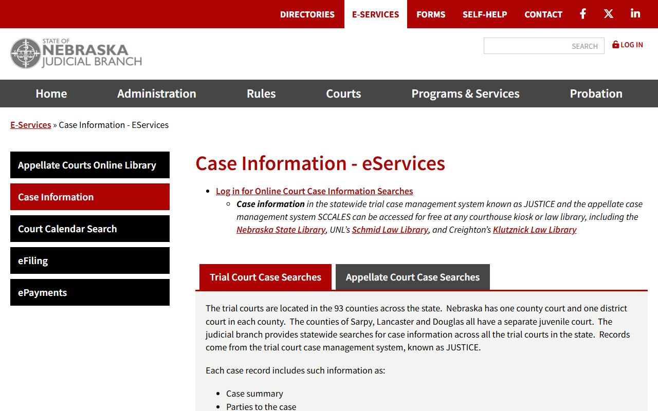 Nebraska Judicial Branch case information eServices page