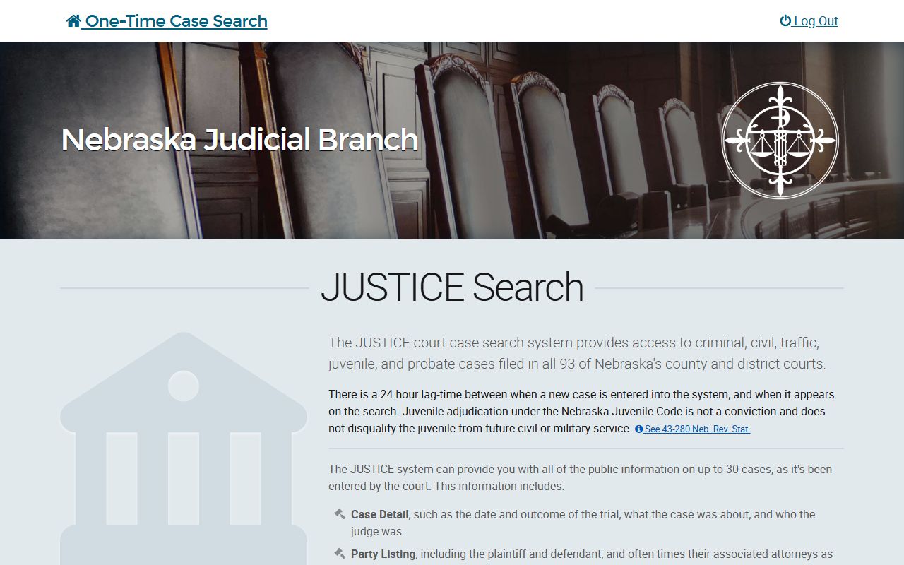 Nebraska JUSTICE One-Time Case Search page with fee and access information