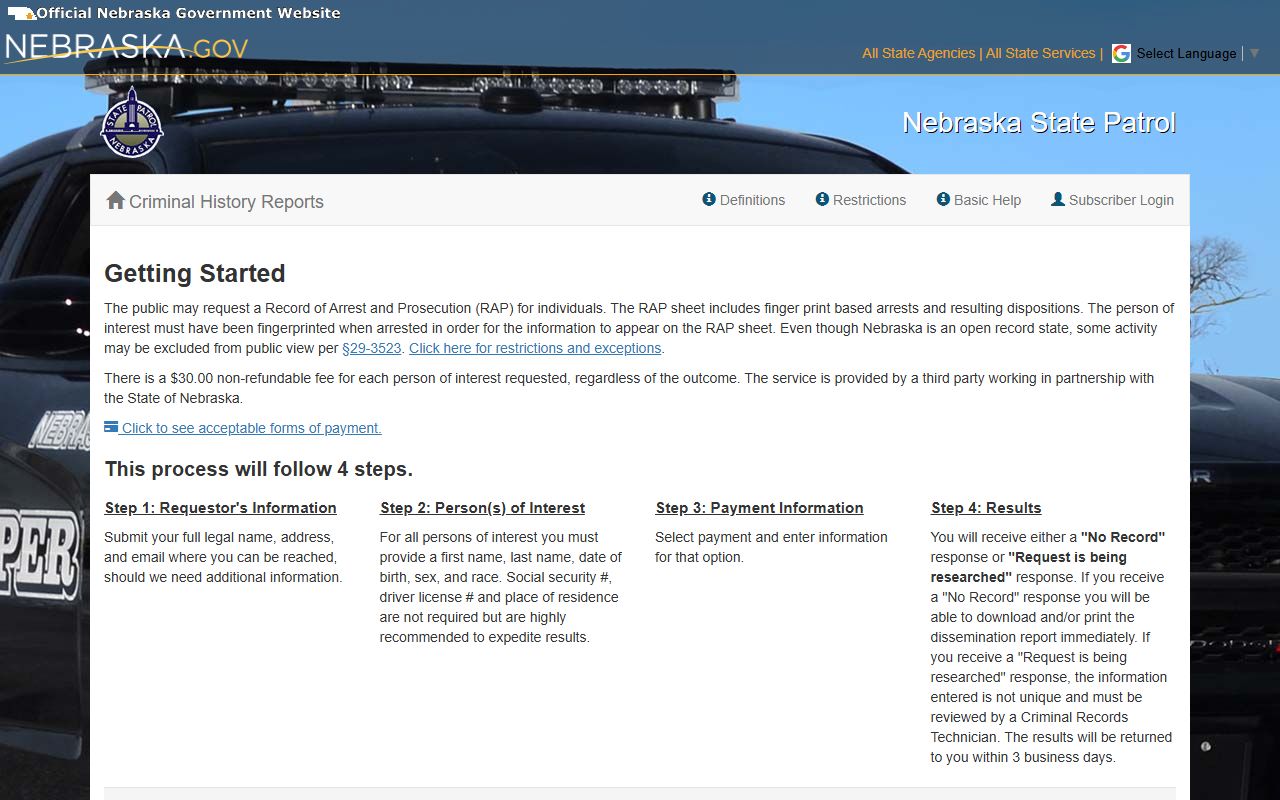 Nebraska State Patrol online criminal history portal for statewide criminal history requests